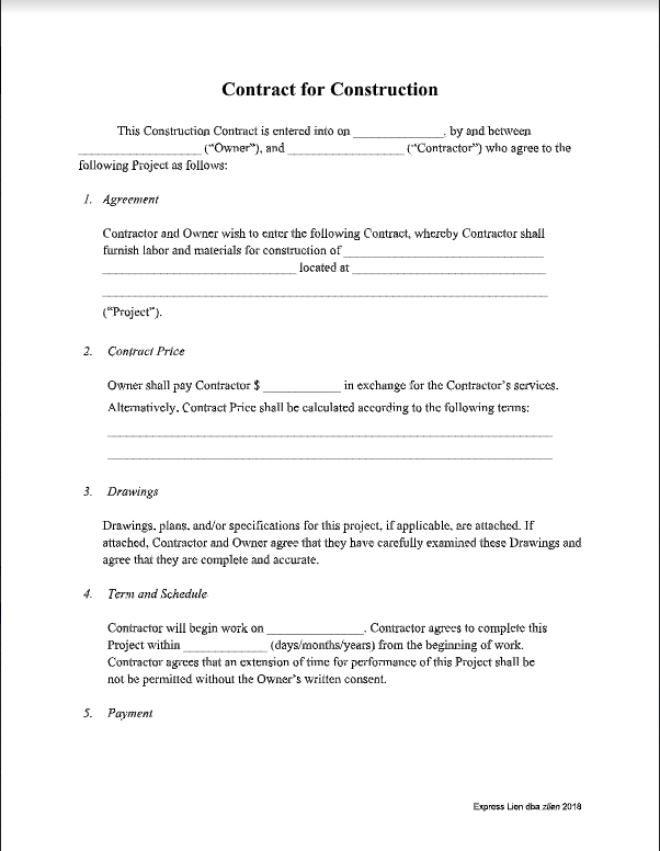 Contract for Construction first page