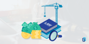 Illustration: Construction Laws book, crane, and payment symbol